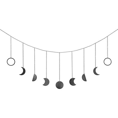 Mkono Moon Phase Wall Hanging Boho Aesthetic Room Decor Metal Moons Garland Hanging Art Bohemian Home Decoration for Girls Room Nursery Bedroom Livingroom Dorm, Ideal, Black, 50"