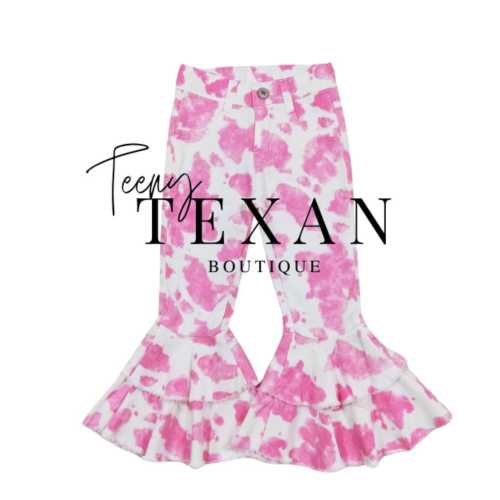 Kids Pink Cowprint Double Flare Rodeo Bell Bottom Jeans