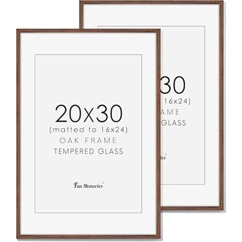 20x30 Picture Frame, Rustic Wood 20 x 30 Poster Frames for Wall, Oak Wood Picture Frames 20 by 30 with Real Glass, 20x30 Frame Matted for 16x24, Large Wooden Photo Frame 20x30 Inch, Walnut Color, 2 Pack