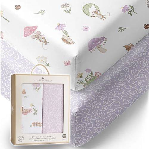 Living Textiles 100% Organic Cot Sheet Fitted 2 Pack -70x135cm, Premium Fabric for Baby's Best Comfort, Super Soft Baby for Crib Bed,Cot,Travel,Moisture Resistant (Whimsical Wonderland)