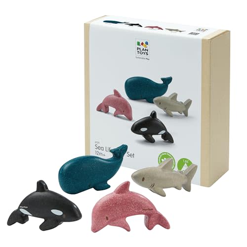PlanToys® Wooden Sea Life 4-Piece Set, Dolphin, Orca, Whale & Shark Kids | dolphin orca whale shark, 4-piece wooden sea life, montessori imaginative play, language social skill, bath water toys, kids