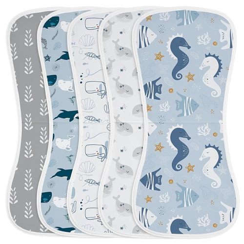 Yoofoss Baby Burp Cloths 100% Organic Cotton 5 Pack Burping Cloths for Babies Boys Girls Large 21''X10'' Extra Soft and Absorbent Ocean