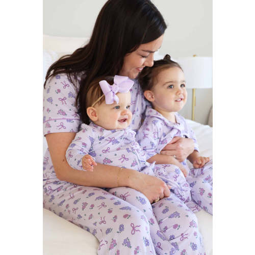 Women's Two-Piece Flare Lounge Set in Ribbon & Roses Purple | Caden Lane