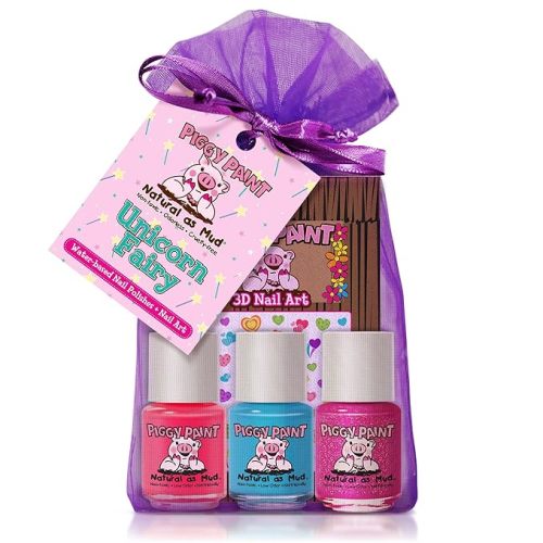 Piggy Paint | 100% Non-Toxic Girls Nail Polish | Safe, Cruelty-free, Vegan, & Low Odor for Kids | Unicorn Fairy (3 Polish + Nail Art Gift Set)
