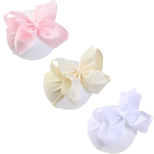 chiduerm 3 Pcs Baby Girls Headband Bows, Soft Nylon Hairbands Cute Big Bow Super Elastic Headband For Baby Girls Newborn Infant Toddlers (Beige Pink White, Large 6 Inch)