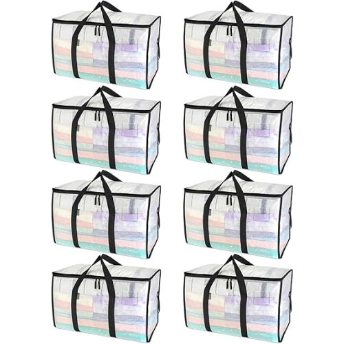 BALEINE 8-Pack Oversized Moving Bags with Reinforced Handles, Heavy-Duty Storage Tote for Clothes, Moving Supplies (Clear, 8-Pack)