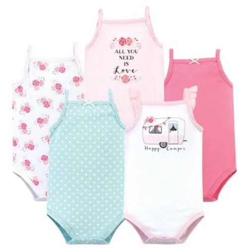 Hudson Baby Infant Girl Cotton Sleeveless Bodysuits 5pk, Pink Happy Camper, 9-12 Months