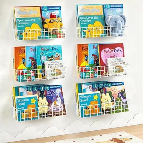 PUERSI 6-Pack Wall Mounted Bookshelf for Kids Rooms, Metal Nursery Shelves for Wall, Floating Book Shelves for Baby Boys Girls Bedroom Decor and Storage, White