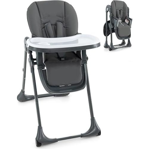 KOTEK Foldable Baby High Chair w/ 7-Position Adjustable Seat Height, Adjustable Backrest, Footrest and Tray, Portable Baby Dining Chair w/ Detachable PU Leather Cushion, Wheels for Infant Toddler (Dark Gray)