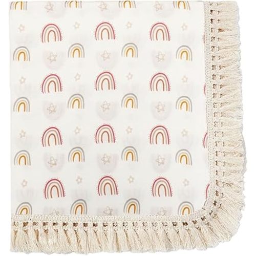 insular Cotton Muslin Baby Blanket with Tassel, Boho Bohemian Muslin Swaddle Blanket Baby Receiving Blanket with Fringe, Nursery Decor Throw or Nursing Blankets, 47" x40”, Rainbow