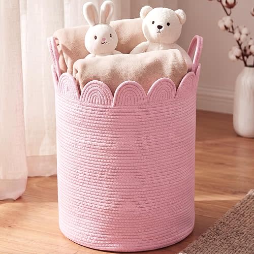 LemonRoad Round Woven Basket Pink, 15" L X 15" W X 20" H
