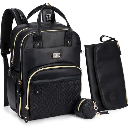 Dikaslon Leather Diaper Bag Backpack with Portable Changing Pad, Pacifier Case and Stroller Straps, Large Unisex Baby Bags for Boys Girls, Multipurpose Travel Back Pack for Moms Dads, Black