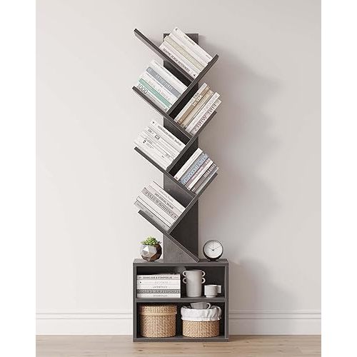 SUNMORY 6 Tier Tree Bookshelf, Tall Bookcase with Storage Cabinet, Modern Narrow Bookshelves Organizer, Floor Standing Book Shelf for Bedroom/Living Room/Home Office/Corner, Grey