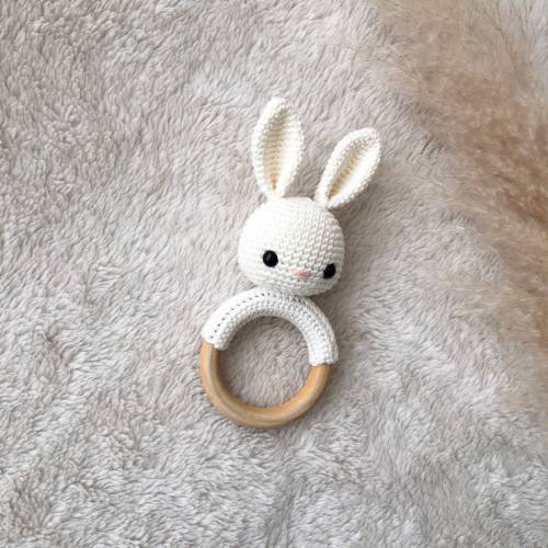 Handmade Crochet Bunny Rattle: Natural Cotton & Wood Baby Toy