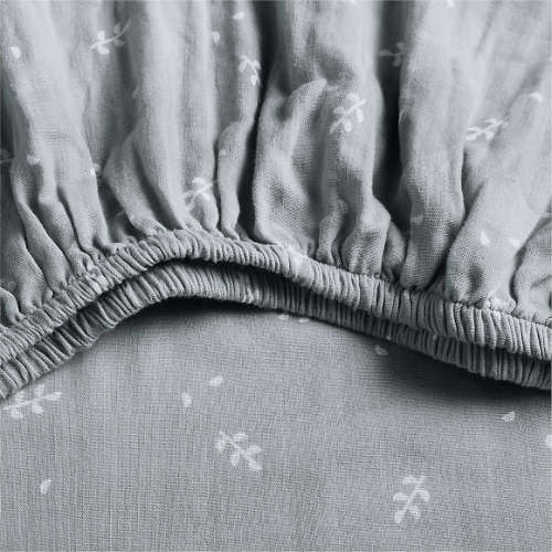 Supersoft Mist Blue Leaf Print Organic Cotton Gauze Baby Crib Fitted Sheet
