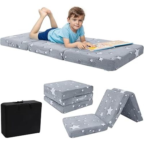 MeMoreCool Foldable Floor Mattress for Kids, Glow Star Trifold Mat, Kids Folding Mattress Portable Futon, 57x22 Inch Grey