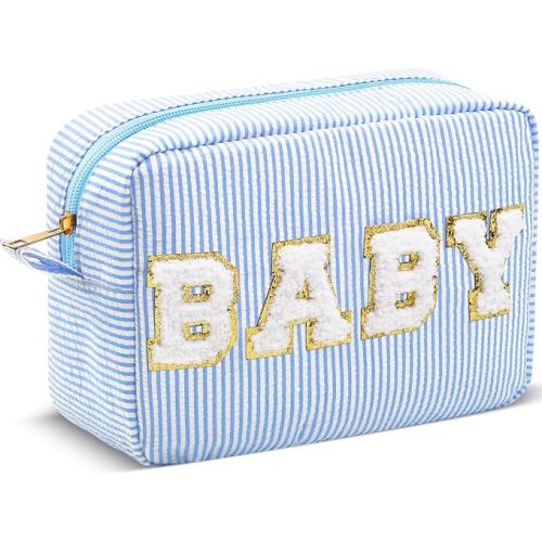 Sanwuta Seersucker Cosmetic Bags Baby Bag Chenille Letter Baby Toiletry Bag Stripe Diaper Pouch Large Preppy Storage Pouch Toiletry Travel Organizer, Gifts for Mom Women