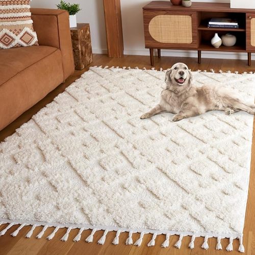 SAFAVIEH Area Rug 3x5 - Moroccan Tassel Shag Collection - Ivory, Non-Shedding & Easy to Clean, Plush High-Low Texture, Ideal for Living Room, Bedroom, Dining Space (MTS688C)