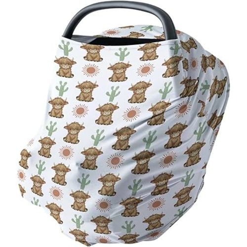 HawSkgFub Boho Highland Cow Cactus Sun 5-in-1 Car Seat Cover for Baby Girl Gift, Brown Bohemia Western Privacy Breastfeeding Nursing Cover, Newborn Infant Multi-use Carseat Canopy Carrier