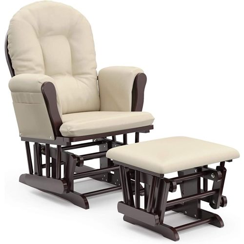 Storkcraft Premium Hoop Glider & Ottoman (Espresso with Beige) — GREENGUARD Gold Certified, Solid Wood Craftsmanship, Convenient Storage Pockets, Smooth-Gliding Chair for Nursery, Multi-Award-Winning