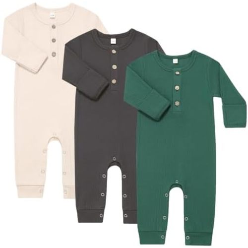 Bafeicao Baby Boy Girl 3 Pack Solid Romper Ribbed Cotton Long Sleeve Jumpsuit Infants Outfits Clothes with Mitten Cuffs