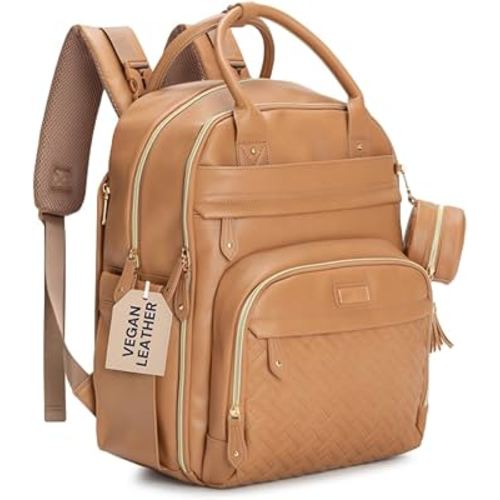 BabbleRoo Leather Diaper Bag Backpack - Baby Essentials Travel Baby Bag, Multi function, Water Resistant, with Changing Pad, Stroller Straps & Pacifier Case – Unisex, Light Brown