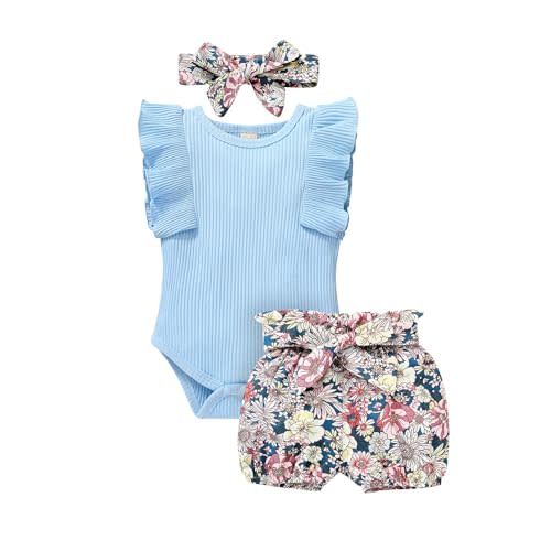 Tiny Cutey Baby Girl Clothes Infant Summer Outfits Set Ruffle Sleeve Romper and Floral Shorts with Headband