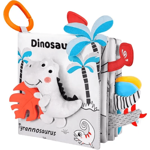 Dinosaur Fabric Book- Crinkle Sound, Touch & Feel, Press Squeaker with Soft Tail Plus Teether Feature - Baby Books Toys for Newborn Infants 0-12 Month