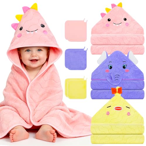 9 PCS Baby Bath Towels Set, Baby Towels for Newborn Soft & Ultra Absorbent | 3 PCS Animal Hooded Baby Towels & 6 PCS Washcloths Set, Newborn Bath Cute Essential Gifts for Boys & Girls