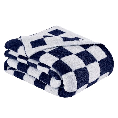 Cozzenity Checkered Throw Blanket, Dark Blue Soft Cozy Fluffy Knitted Throw Blankets for Couch, Sofa, Bed, Chair, Warm Fuzzy Travel Picnic Lightweight Plaid Blanket, 50x70 inches