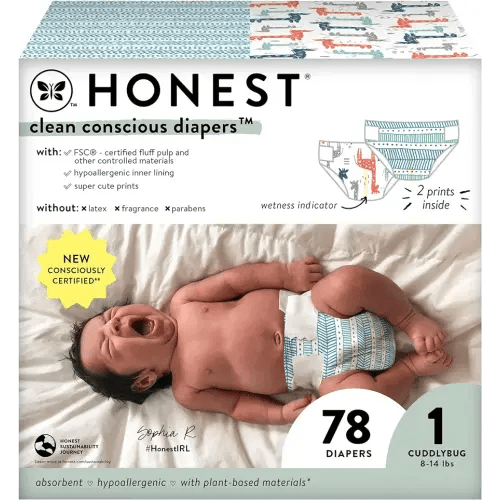 The Honest Company Clean Conscious Diapers | Plant-Based, Sustainable | Dots & Dashes + Multi-Colored Giraffes | Club Box, Size 1 (8-14 lbs), 78 Count