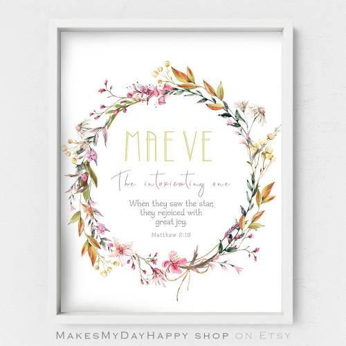 Maeve name meaning,Personalized gift,Irish mythology,Name Sign wall art,Custom Printable Meaning of Name,wild flowers wreath,Rustic poster