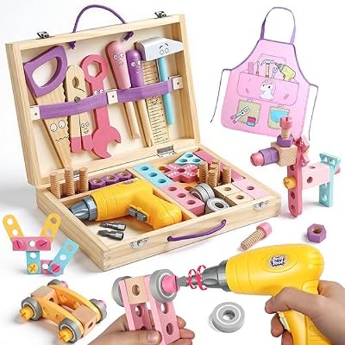 TONZE Pink Wooden Kids Tool Set with Drill 44Pcs Educational Montessori Toys for 3 Year Old Girl, STEM Toys Toddler Tool Set with Apron & Box Birthday Gifts for 3 4 5 6 Year Old Girls