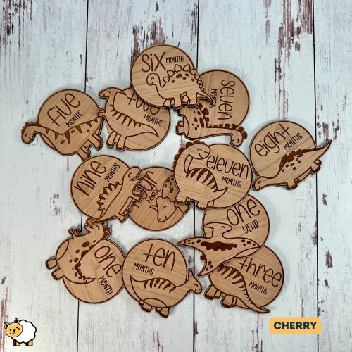 Cherry Dino Themed Baby Milestone Markers, Made from Walnut, Monthly Cards, Baby Photos, Baby Milestone Signs, Baby Shower Gift, New Parent