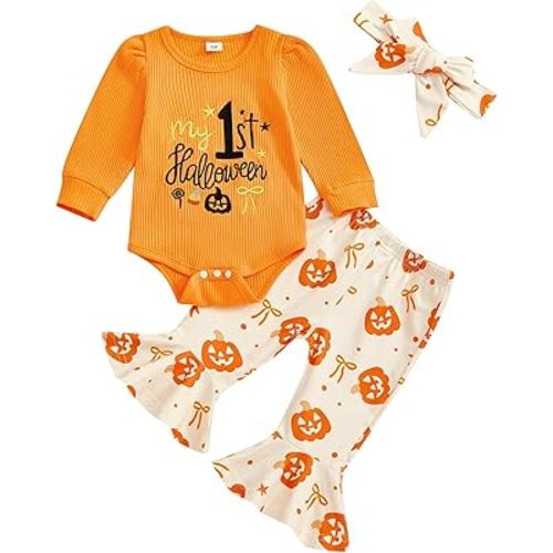 Baby Girl Outfit Infant Rib Ruffle Long Sleeve Romper Onesie Top Bell-Bottom Denim Pants Sets Cute Clothes