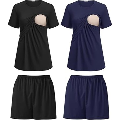 Ekouaer 2 Pack Women's Nursing Pajamas Set Double Layer Maternity Pjs Postpartum Loungewear Set Breastfeeding Tops & Shorts