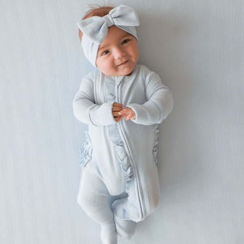 Solid Blue Long Sleeve Soft Cloud Blue Pointelle Footie Ruffled Zippered One Piece | Posh Peanut®