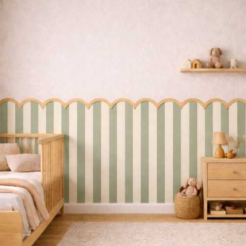 Scalloped Peel and Stick Wallpaper Sage Green Stripe Nursery Wall Panel Removable Wainscoting Decor