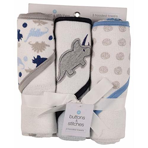 Buttons and Stitches Baby Boys 3 Pack Infant Hooded Towel, Triceratops Prints (GS71365)