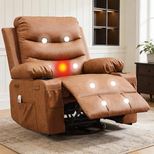 IDEALHOUSE Rocker Recliner Chair with Massage and Heat, Swivel Reclining Sofa with Cup Holder, Side Pockets, Front Pockets, Rocking Chair for Living Room, Bedroom, Nursery (Brown, PU Leather)