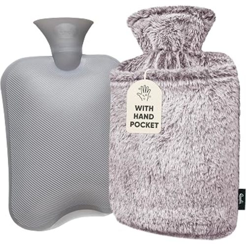 Hot Water Bottle - with Fleece Cover + Kangaroo Pocket - Dark Gray, 2L