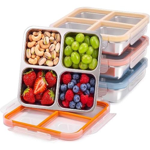 4 Pack Stainless Steel Snack containers, Leak-Proof, 4 Compartments, 3 Cups
