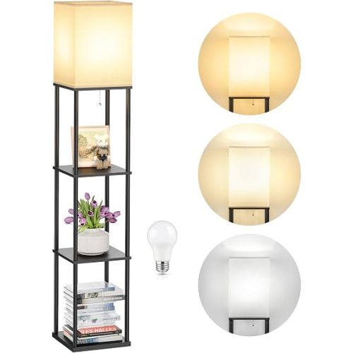 SHINE HAI Floor Lamp with Shelves, 3-Tier Square Modern Shelf Lamp