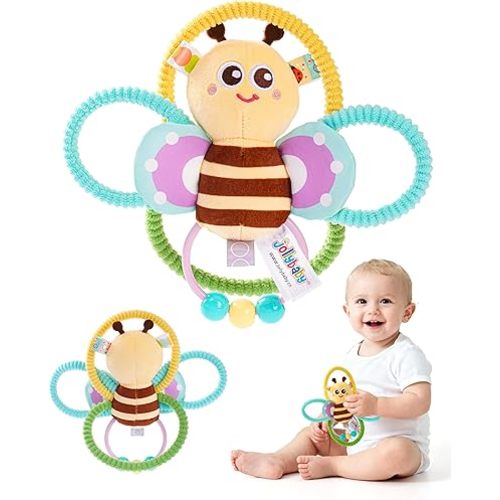 Jollybaby Soft Baby Rattles & Plush Rings Toy for Newborn 0-3-6-12 Months, Sensory Developmental Hand Teether Toys for Infant 0-2-4-7-8-9 Months, Baby Shower & Birthday Gifts - Bee