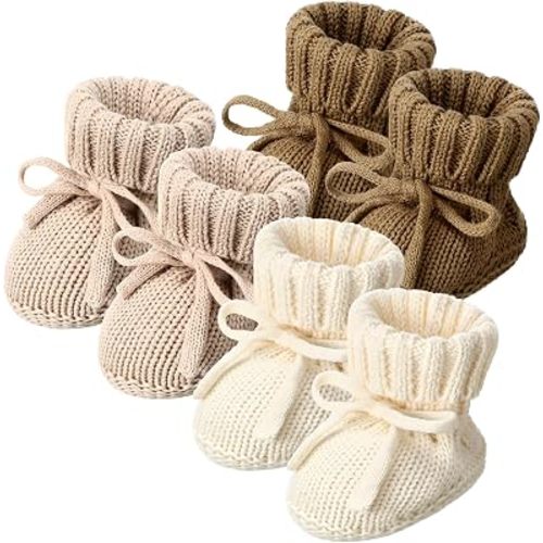 Evervibe 3 Pairs Knitted Baby Booties 0-6 Months Newborn Crochet Shoes Baby Shower Booties Centerpiece for Gender Reveal