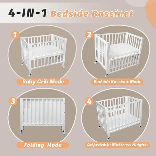 Folding Wood Bedside Bassinet - Portable 4-in-1 Baby Bassinet with Breathable Mattress,3 Heights Baby Crib with Wheels,Mini Crib for Infant Newborn and Small Space,White