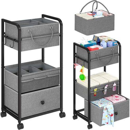 3In1 Baby Diaper Caddy Organizer, 3 Tier Rolling Cart with Drawer, Detachable Dividers, Mobile Utility Cart Baby Dresser Clothes Organizer for Crib, Bedroom, Art & Craft Storage, Grey