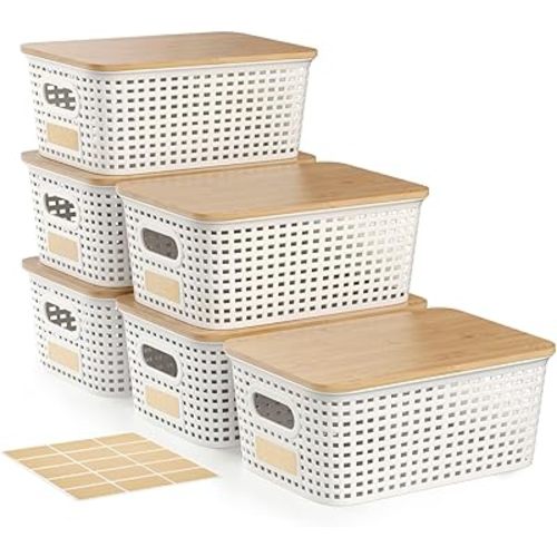 6Pcs Storage Bins with Lids, Stackable Plastic Storage Basket with Bamboo Lid, Pantry Organizer Box Small Containers for Organizing Shelves Drawer Desktop Closet Cabinet Office Classroom 10x7.1x4.1in