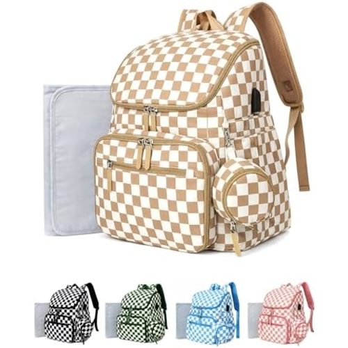 FHELAD Checkered Diaper Bag Backpack with Changing Pad & Stroller Clips