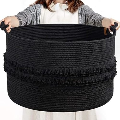 CherryNow 22"x22"x14" Large Blanket Basket, Home Décor for Living Room Bedroom, Boho Decorative Laundry Basket for Clothes, Baby Toy Storage, Black